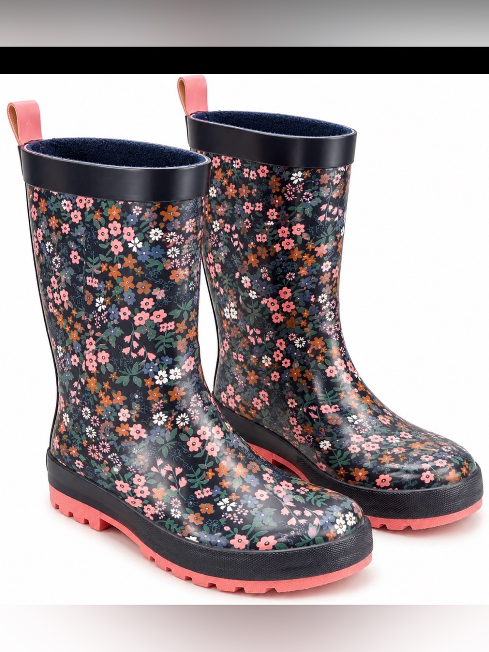 Kids Floral Rain Boots in Navy with Pink Accents - Picture 1 of 5